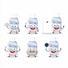 Cartoon character of blue marshmallow twist with various chef emoticons