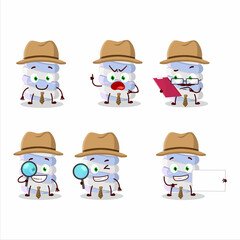 Fototapeta premium Detective blue marshmallow twist cute cartoon character holding magnifying glass