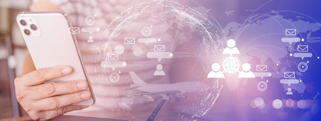 Businessman, woman using a smartphone, laptop to shop online Connect big data on the internet network to the world technology borderless shopping cart symbol