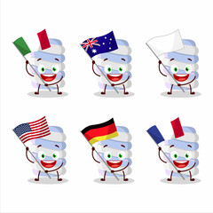 Blue marshmallow twist cartoon character bring the flags of various countries
