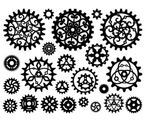 Black openwork gears on a white background. Mechanism, steampunk, retro. Vector set of elegant decorative elements for design, decoration, signage, labels, laser and plotter cutting. Design template
