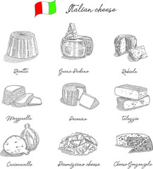 Italian cheese set. Sketchy italian cheese set Cheese stock vector.