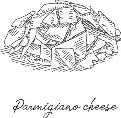 Parmesan cheese. Sketchy hand-drawn illustration. Parmesan cheese sliced