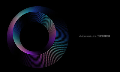 Abstract circles lines pattern round frame colorful spectrum light isolated on black background. Vector illustration in concept digital, technology, modern, science.