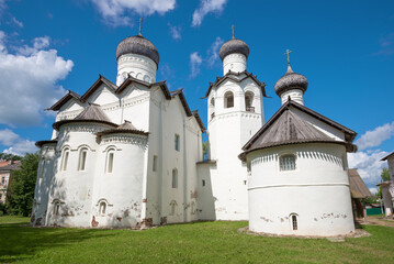 Ancient temples of the former Transfiguration Monastery on a sunny July day. Staraya Russa, Russia