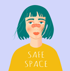 vector illustration. young girl in a sweatshirt with the inscription safe space. mental health care concept. trend illustration in flat style