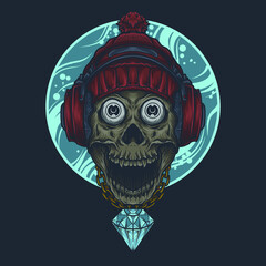 artwork illustration and t shirt design skull and headphone and winter hat