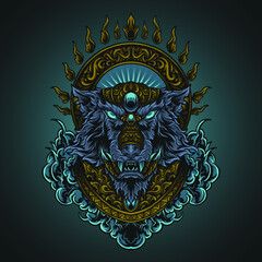 Fototapeta premium artwork illustration and t shirt design mythical wolf engraving ornament