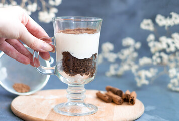 stylish tiramisu dessert in a glass glass on a gray background with aromatic cinnamon