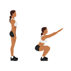 Exercise guide by woman doing air squat in 2 steps in side view. Illustration about workout position introduction.