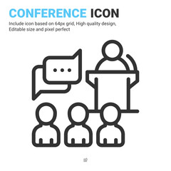 Conference icon vector with outline style isolated on white background. Vector illustration presentation sign symbol icon concept for business, finance, industry, company, apps, web and project