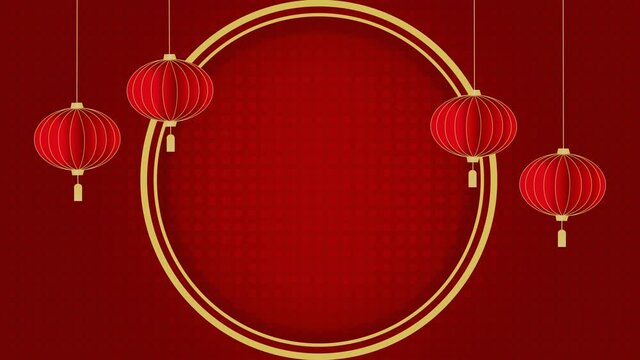 Happy Chinese New Year.Chinese lanterns and golden circle on red gradient and chinese pattern background.