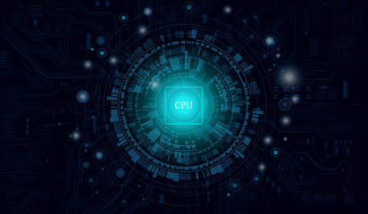 CPU Chip on Motherboard. Central Computer Processors CPU concept. Quantum computer, large data processing, database concept. Futuristic microchip processor. Digital chip.