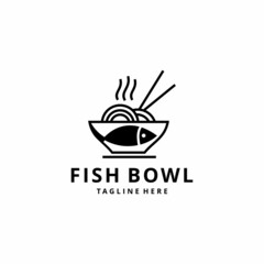 Illustration of a fish sign logo with a uniquely shaped bowl and chopsticks.