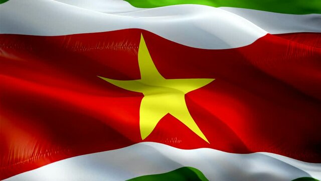 Suriname flag video. National 3d Surinamese Flag Slow Motion video. Suriname Flag Blowing Close Up. Surinamese Flags Motion Loop HD resolution Background Closeup 1080p Full HD video flags waving in wi