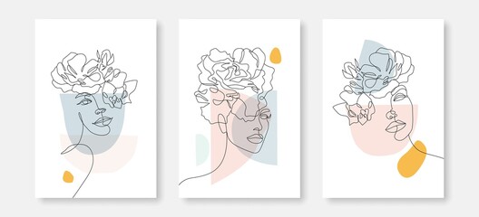 Vector Prints Set of Woman Flowers Face Line Art Style. Floral Head Poster. Modern Wall Art, Aesthetic Design. Perfect for Home Decor, Wall Art Posters, or t-shirt Print, Mobile Case. Vector EPS 10