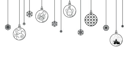 Black Doodle Outline Simple Line Abstract Merry Christmas Xmas Balls With Snowflakes Holiday Decorations Happy New Year Background Vector Design Style