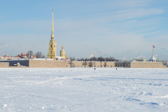 View of the Peter and Paul Fortress on a sunny February day. Saint-Petersburg, Russia