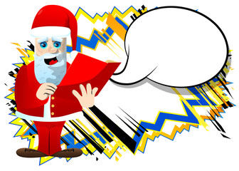 Santa Claus in his red clothes with white beard reading a red book. Vector cartoon character illustration.
