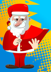 Santa Claus in his red clothes with white beard reading a red book. Vector cartoon character illustration.