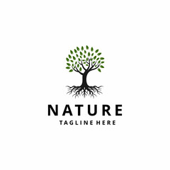 Obraz premium Root tree logo illustration, abstract tree vector silhouette inspired by tree of life