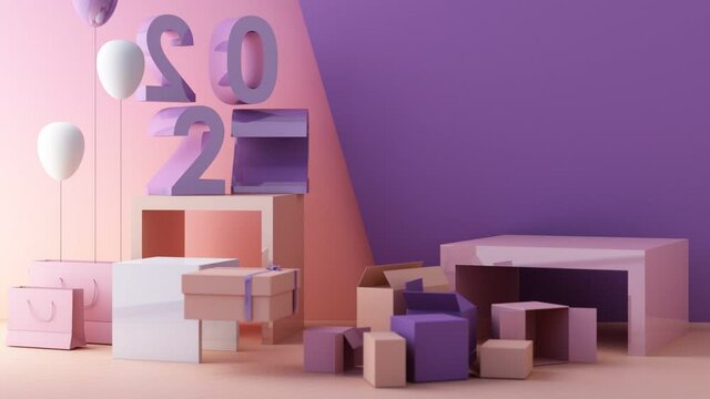 Letters of 2022 in the concept of New Year, purple pink trend color tones, surrounded by geometric shapes for displaying the products and gift boxes with transparent balls. 3d rendering animation loop