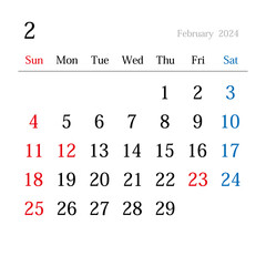 2024年2月、日本のカレンダー