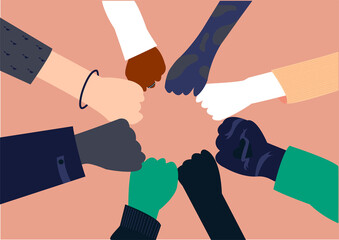 Flat illustration about celebrating friendship, bond, diversity, inclusion and togetherness. All hands together to represent unity and diversity.