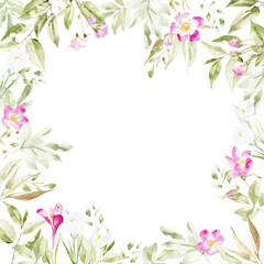 Obraz na płótnie Canvas Spring flowers. Watercolor frame from bouquets of sakura, cherry, crocuses, rose hips