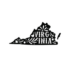 Virginia state map with doodle decorative ornaments. For printing on souvenirs and T-shirts