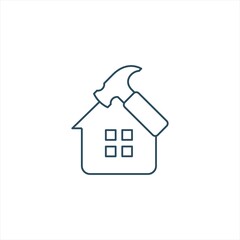 Build House, repair roof of house sign. home and hammer icon real estate building company logo icon line style graphic design vector