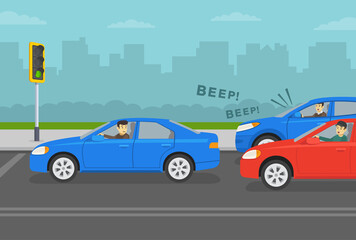 Young inexperienced driver causes traffic jam at a green traffic light. Impatient angry drivers honking and yelling to beginner. Flat vector illustration template. - obrazy, fototapety, plakaty