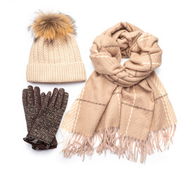 winter accessory collection isolated on white background.