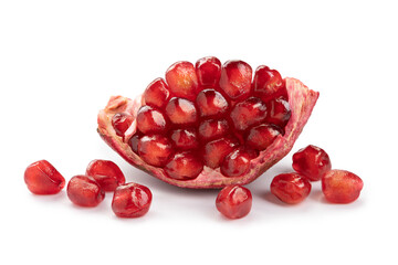 slice of delicious ripe pomegranate. pomegranate seeds. Isolated on white background