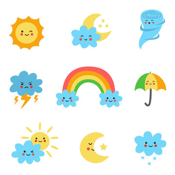 Set of cute kawaii weather icons on white background.