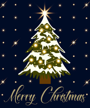 Christmas Tree with snow decorated by golden lights, stars and sparkles on a dark navy blue background with stars scattered around and a merry christmas logog
