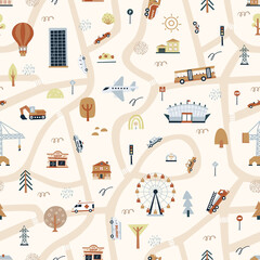 Seamless pattern map city with roads, houses, transport, flat style. Cute print, fabric, wallpaper. Vector cartoon © brandianna
