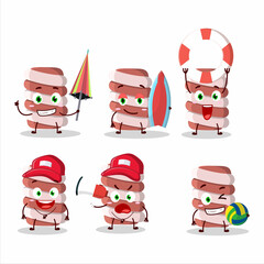 Happy Face red marshmallow twist cartoon character playing on a beach