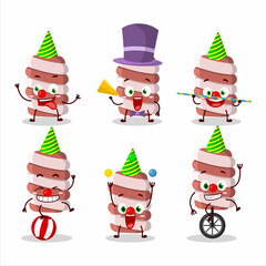 Cartoon character of red marshmallow twist with various circus shows