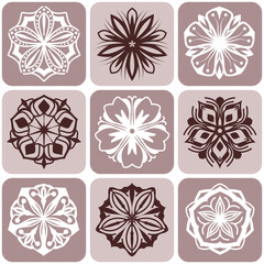 Set of brown and white mandala isolated on background. Vector decorative round ornaments. Minimal design elements flower shape of snowflake icon for logo, tattoo artwork.
