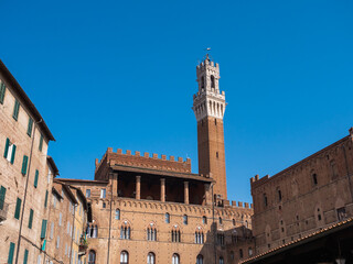 Obraz premium Torre del Mangia and Loggia dei Nove of the Palazzo Pubblico or Palazzo Comunale in Siena. Tuscany, Italy, seen from Piazza del Mercato Square
