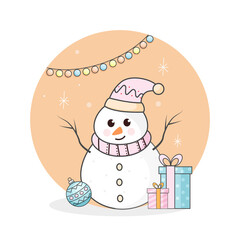 Vector Illustration Of Cartoon Snowman Wear Woolen Hat, Scarf, Bauble, Gift Boxes On Orange And White Background.