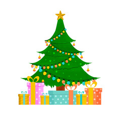 Decorative Christmas Tree With Colorful Gift Boxes On White Background.
