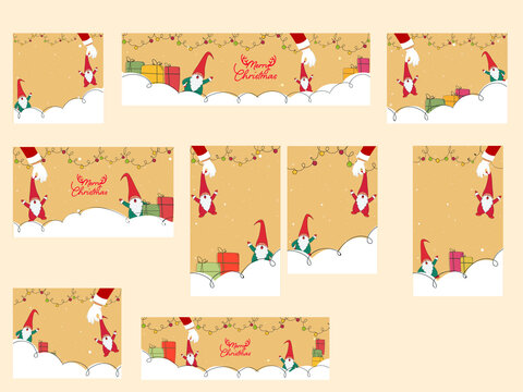 Merry Christmas Social Media Template And Header Set With Cartoon Gnomes, Gift Boxes Illustration.