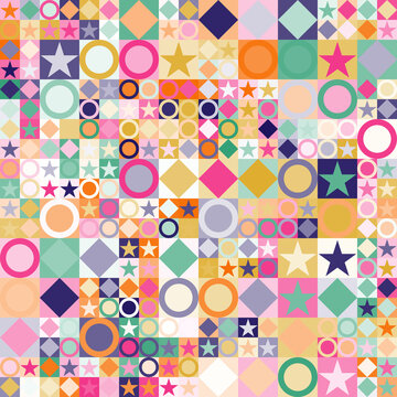 Patr&oacute;n geom&eacute;trico abstracto compuesto de figuras varias en colores primaverales sobre fondo blanco.