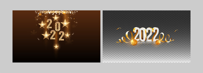 Fototapeta na wymiar 2022 Happy New Year Banner Or Poster Design In Brown And Black Color.