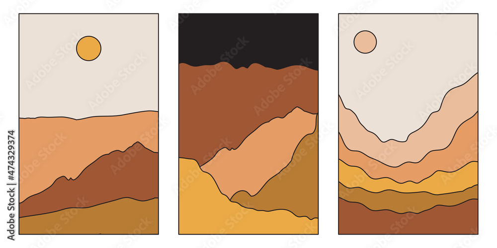 Aufkleber Vector illustration in simple line style - boho abstract print - simple natural landscape with mountains and hills