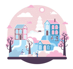 Children playing winter games, sledding and making a snowman. Vector flat cartoon illustration in flat stile