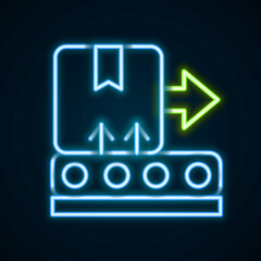 Glowing neon line Conveyor belt with cardboard box icon isolated on black background. Colorful outline concept. Vector