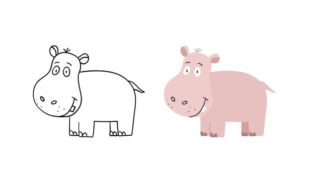 Hippopotamus hand-drawn illustration. Cute vector funny hippo. Contour and color version.